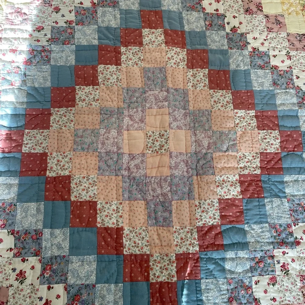 Vtg Patchwork Quilt Blanket Multi Color Hand Stitch 81x65 Trip Around The World
